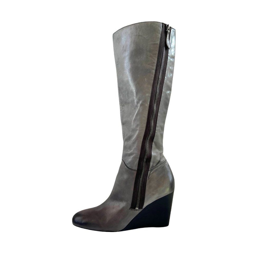 Franco Sarto A-Osteria Grey Leather Wedge Asymmetrical Zip Boots Size 11